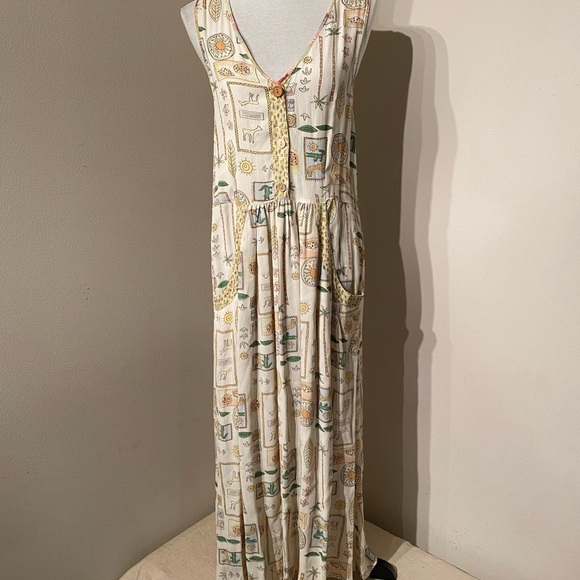 Karavan Vintage Whimsical print maxi tank style button bodice rayon dress size S - Picture 1 of 11